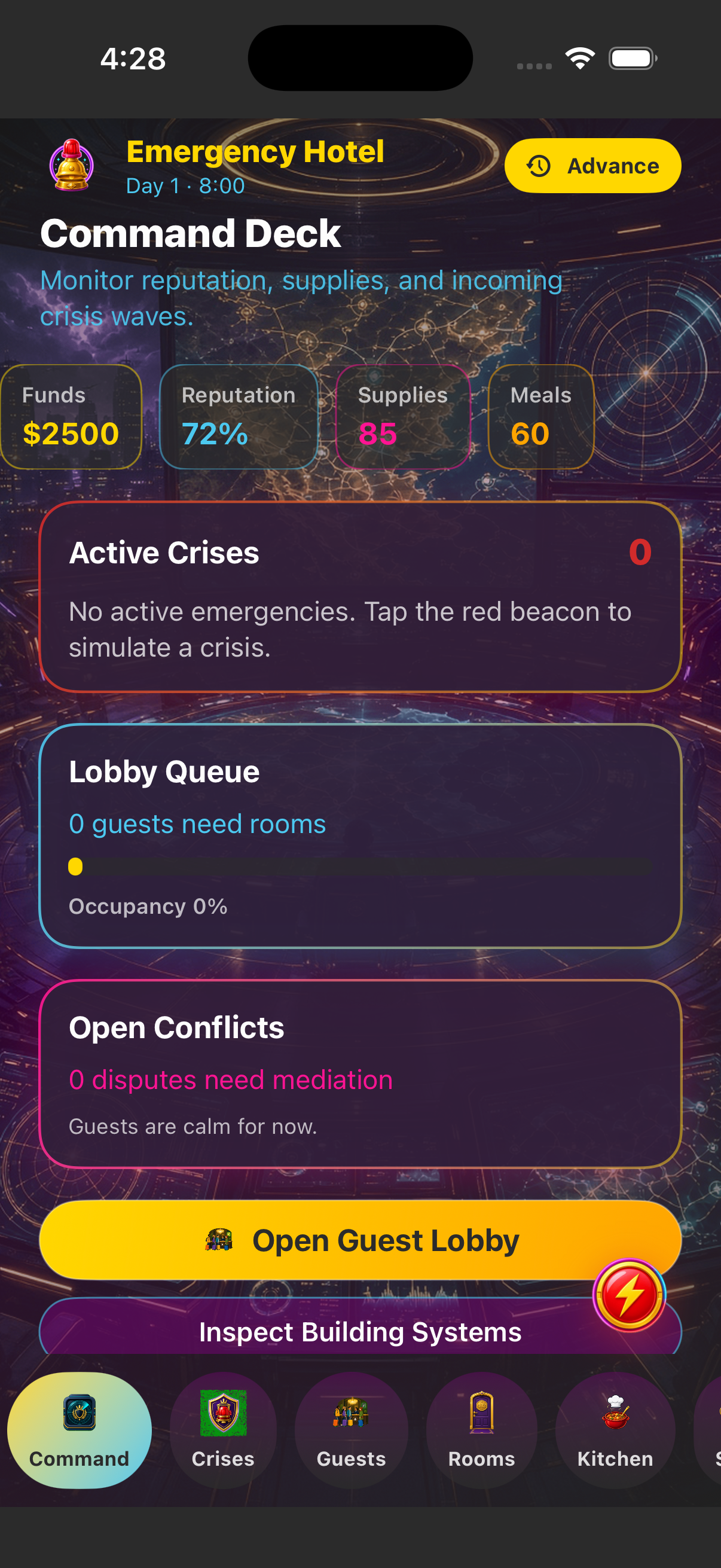 Command dashboard showing reputation, supplies, and crisis status